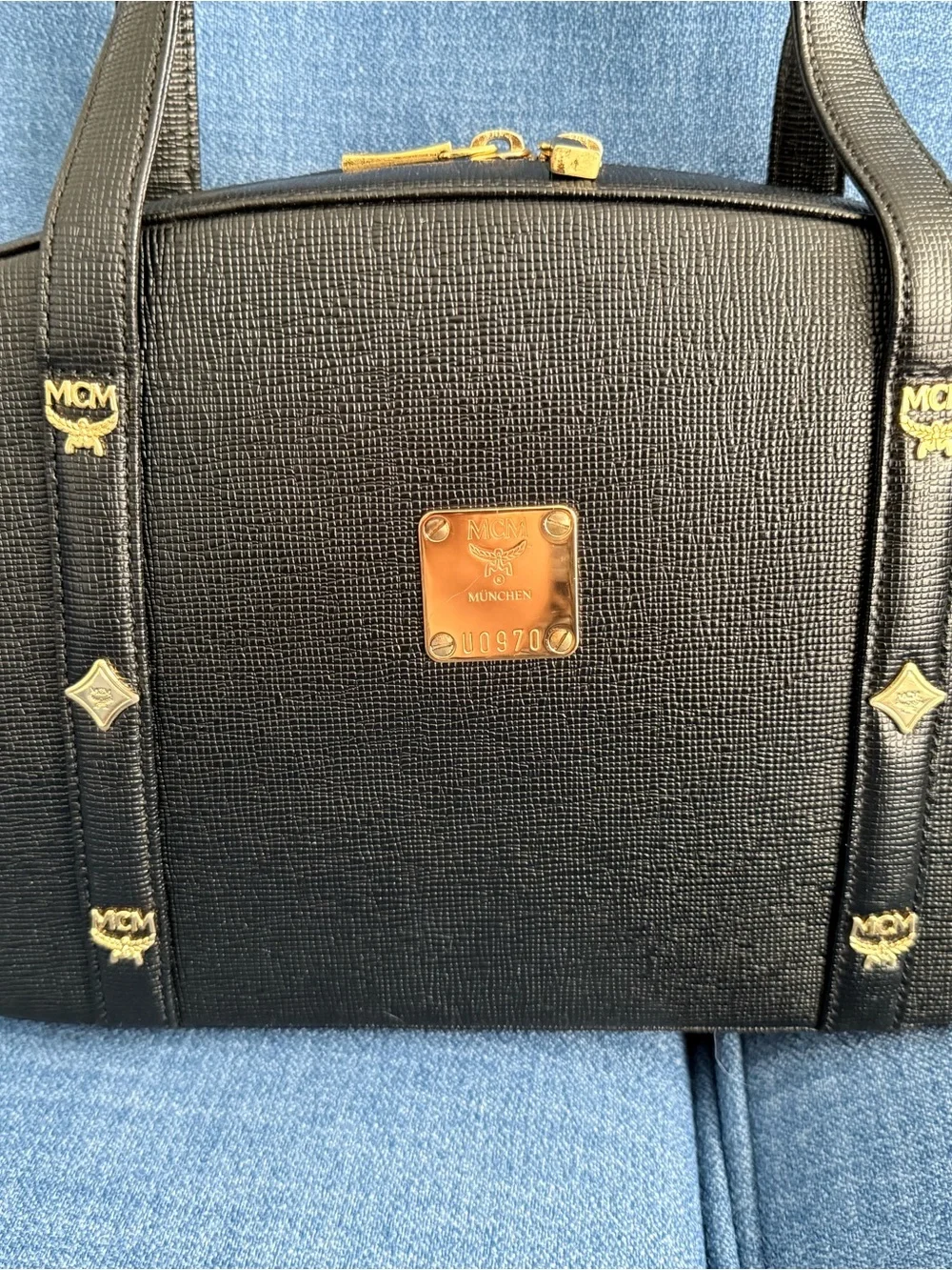 MCM Black Textured Leather Dome Satchel with Gold Accents